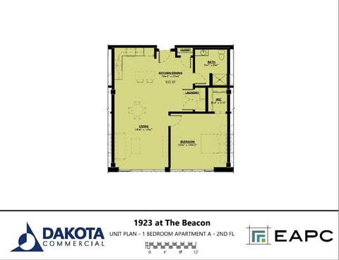 Floor plan for 1 bed, 1 bath, 933 sqft